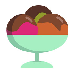 the vase with ice cream orange, strawberry, pistachios covered by chocolate syrop