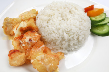 Butter Chicken Rice deep fried boneless chicken cube topped with sweet butter sauce with white rice cucumber and tomato slice