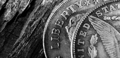 Old US coins with inscription:  Liberty and United States as symbol: America - the land of opportunities and freedom. Selective focus on word Liberty.
