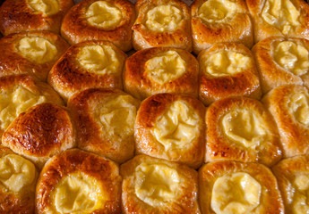 Buns with cottage cheese on a baking sheet