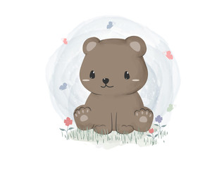 Cute Pastel Bear Sitting on Grass Cartoon Doodle Wallpaper Card