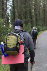 Camino de Santiago. Way of St. James. Pilgrimage to Santiago de Compostela. People with backpacks back view. Group travelers. To go forward. A heavy burden. The road in the forest. Hiking trip.