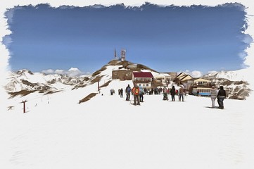 Dombay. On the first level of the cable car lift. Imitation of a picture. Oil paint. Illustration