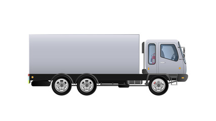 Vector small truck side view. Delivery of cargo. Solid and flat color design. White truck for transportation. Isolated on a white background.