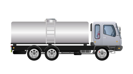 Vector small truck with canister side view. Delivery of cargo. Solid and flat color design. White truck for transportation. Separate on a white background.