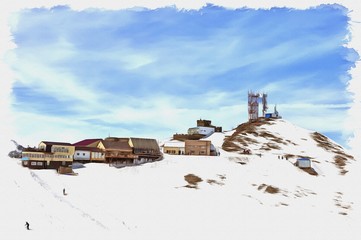 Dombay. On the first level of the cable car lift. Imitation of a picture. Oil paint. Illustration