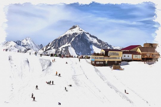 Dombay. Ski slope. Imitation of a picture. Oil paint. Illustration