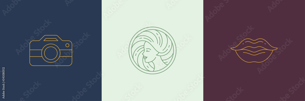 Wall mural vector line decoration design elements set - female face and lips illustrations simple linear style