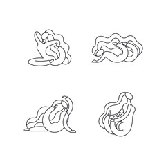 Outline woman stretching in different poses isolated on white background. Stylized woman with long hair doing stretching exercises.