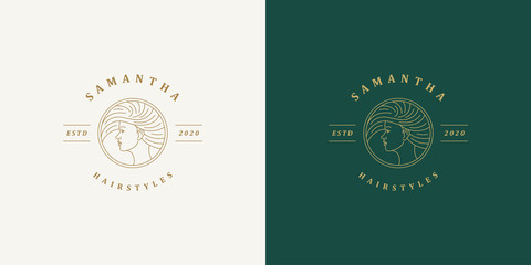 Beautiful female line face with fluttering hairs vector logo emblem design template illustration simple linear style