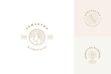 Vector line logos emblems design templates set - female face and gesture hands illustrations simple linear style