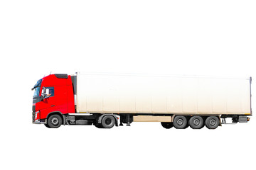 Truck with red cab and open body on white background,