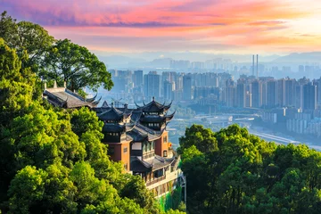 Papier peint photo intissé Temple architecture and city skyline in Chongqing,China.