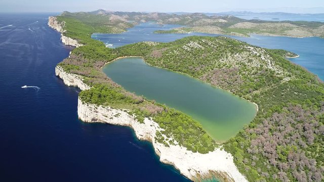 Telascica bay cliffs and Mir lake aerial drone footage,Dalmatia region of Croatia