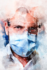 Digital watercolor painting portrait of doctor in mask and glasses