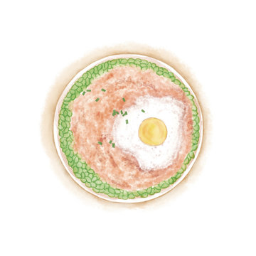 Watercolor Illustration of Chinese Cuisine - Meat Pie with Egg and Edamame | 肉饼子炖蛋
