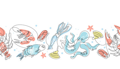 Seamless pattern with seafood. Fish, shrimp, crayfish, octopus, fish steak, squid.
