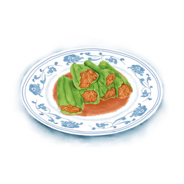 Watercolor Illustration of Chinese Cuisine - Green Pepper Stuffed with Minced Meat | 青椒塞肉
