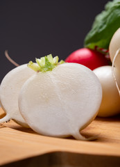 Fresh washed white and red radish vegetables ready to eat