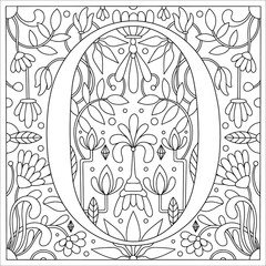 Vintage retro illustration in an engraving style of the number zero, flowers, branches and leaves. Art Nouveau and art Deco style. Symmetrical image with a black and white outline contour