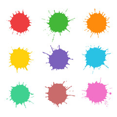 Paint blots set. Colorful funny hand drawn round spots design elements. Icons or bottoms circle stain background. Vector drop or blob banner copy space. Like kids painting watercolor