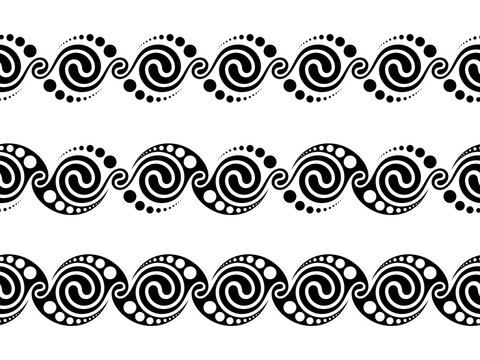 Vector set of seamless stripes; Black and white templates of shamanic ornaments; Ancient sacred geometric pattern of meander, harmonic spiral shapes. Minimal modern style, visionary psychedelic art.