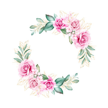 Round watercolor floral wreath. Botanic decoration illustration of peach roses and blue flowers, leaves, branches. Botanic elements for wedding or greeting card composition design
