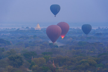 Balloon over Pagoda bagan during sunrise ,Bagan Myanmar.