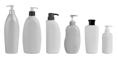 A pack shot of shampoo, soap bottle in isolated grey background.