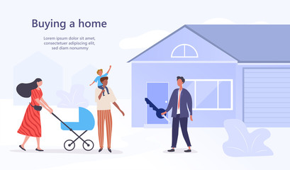 Young family with children buying a home from an agent standing in front of the house as he offers them the key with copy space for text, vector, illustration