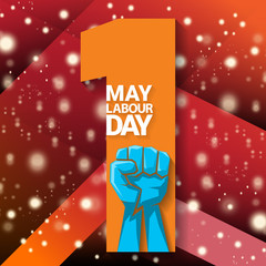 1 may Happy labour day vector label with strong protest fist isolated on red background with rays. vector happy labor day background or banner with man hand. workers may day poster