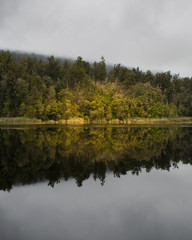Reflection of trees in the water at Lake Matheson in New Zealand