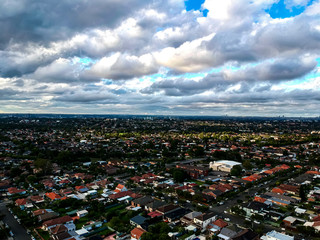 Panoramic Aerial Drone view above Belmore Sydney NSW Australia and western sydney suburbia 