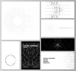 The minimalistic abstract vector illustration layouts of modern social network mockups in popular formats. Trendy modern science or technology background with dynamic particles. Cyberspace grid.