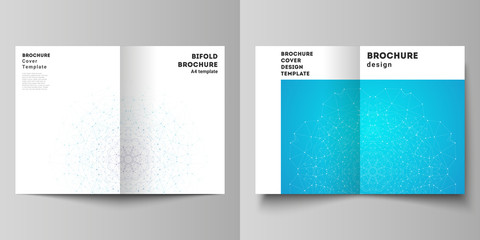 Vector layout of two A4 format modern cover mockups design templates for bifold brochure, flyer, booklet, report. Big Data Visualization, geometric communication background, connected lines and dots.