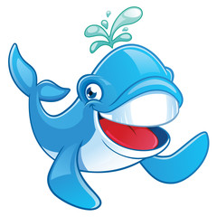 Naklejka premium Cute smiling Whale cartoon character, isolated on white background 