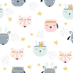 Seamless pattern with tribal animals. Kids cute print. Vector hand drawn illustration.