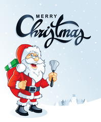 PrintSnow landscape background with cartoon Santa Claus and hand lettering calligraphy.
