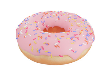 pink strawberry glazed donut or doughnut with sprinkles isolated on white background, 3d rendering, with clipping path