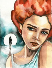 Photo sur Plexiglas Inspiration picturale Illustration à l& 39 aquarelle représentant une fille triste sur fond de lune.