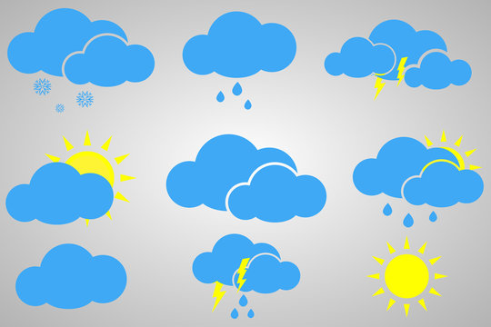 Weather icons set for print, web or mobile app isolated on white background. Vector