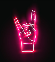 Red glowing neon sign of rock hand gesture. Rock and roll music concept for poster or flyer design. Vector illustration.
