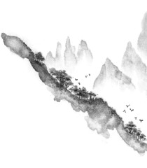 Mountain landscape in the fog. Hillside. Landscape of a mountain of water by ink. Chinese ink painting. Oriental, japanese, chinese style. Raster stock composition.