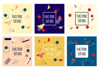 Vintage Memphis style cards. Collection of templates in trendy fashion 80-90s