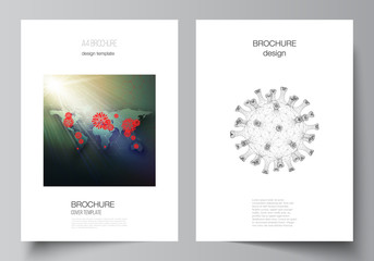 Vector layout of A4 cover mockups templates for brochure, flyer layout, booklet, cover design, book design. 3d medical background of corona virus. Covid 19, coronavirus infection. Virus concept.