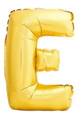 Golden letter E made of inflatable balloon isolated on white background