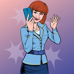 Business woman with smartphone and mobile phone Some people are impressive. Illustration vector On pop art comics style Boards background.