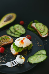 a poached egg on toast with cottage cheese and a leaf of lettuce lies on a dark plate surrounded by toast with cucumbers, tomatoes and avocado