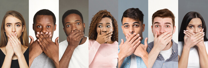 Multicultural people closing mouth with hands on color background, collage. Panorama