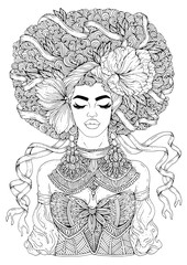 Vector African women with magnificent curly afro retro hairstyle, decorated with a scarf with a flower and ribbon. Attractive fashion model with large earrings and a necklace. Pattern coloring page
